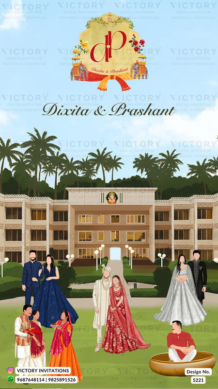 Custom wedding invitation card design featuring a cartoon illustration of a grand building, palm trees, and several couples in traditional and western attire. The top displays the names 'Dixita & Prashant' and a decorative 'dp' monogram logo, with 'Victory Invitations' branding at the bottom.