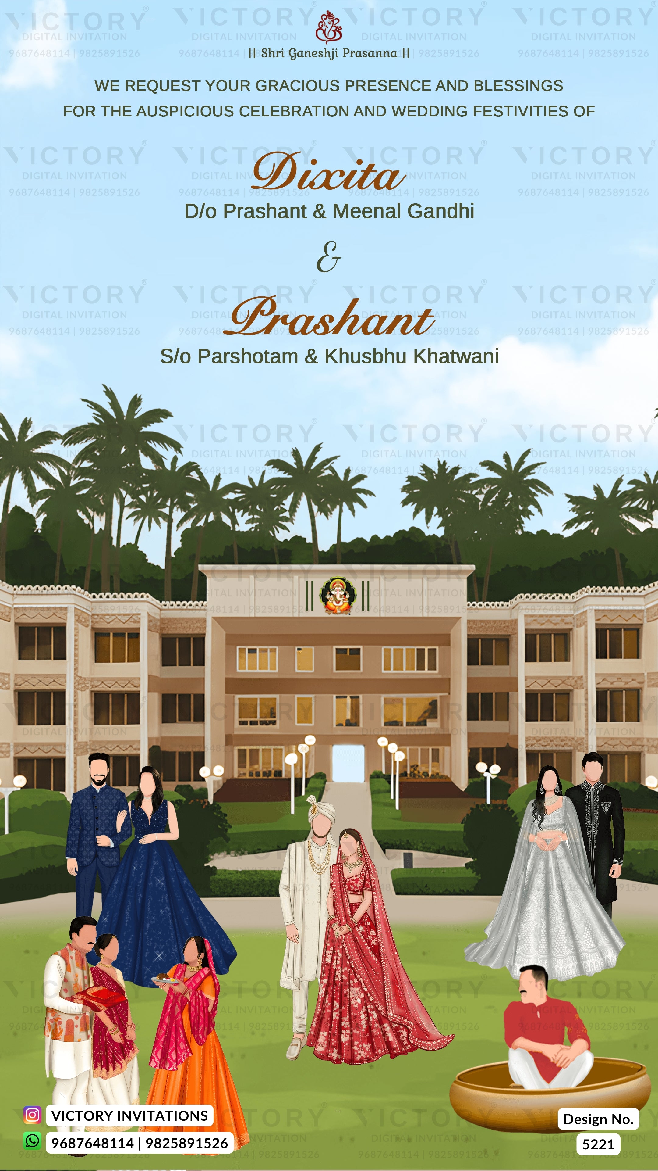 A wedding invitation card design featuring an illustration of a grand building with palm trees, a bride and groom standing in the center, and other guests in traditional and western attire. The text reads 'Dixita & Prashant' and includes contact details for Victory Invitations.