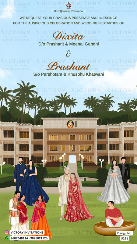 A wedding invitation card design featuring an illustration of a grand building with palm trees, a bride and groom standing in the center, and other guests in traditional and western attire. The text reads 'Dixita & Prashant' and includes contact details for Victory Invitations.