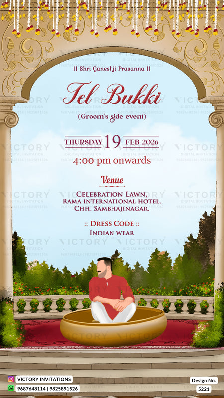 Tel Bukki wedding invitation card design featuring an ornate golden archway, event details in red and black text, a decorative illustration of a man sitting in a boat on a riverbank, and a light blue sky background.