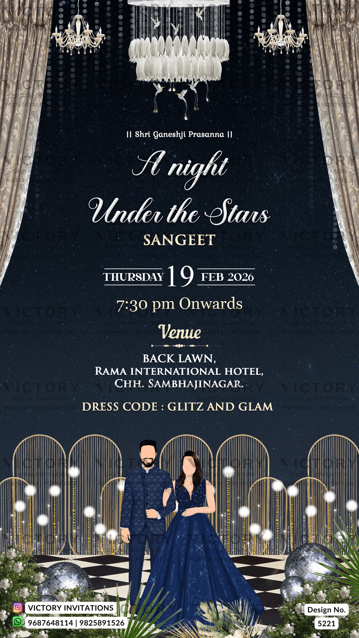 A digital invitation card for a Sangeet wedding event, featuring a dark navy blue background with elegant gold and white typography. The design includes illustrations of chandeliers, curtains, a stage setup with gold arches, and a couple in formal wear at the bottom.