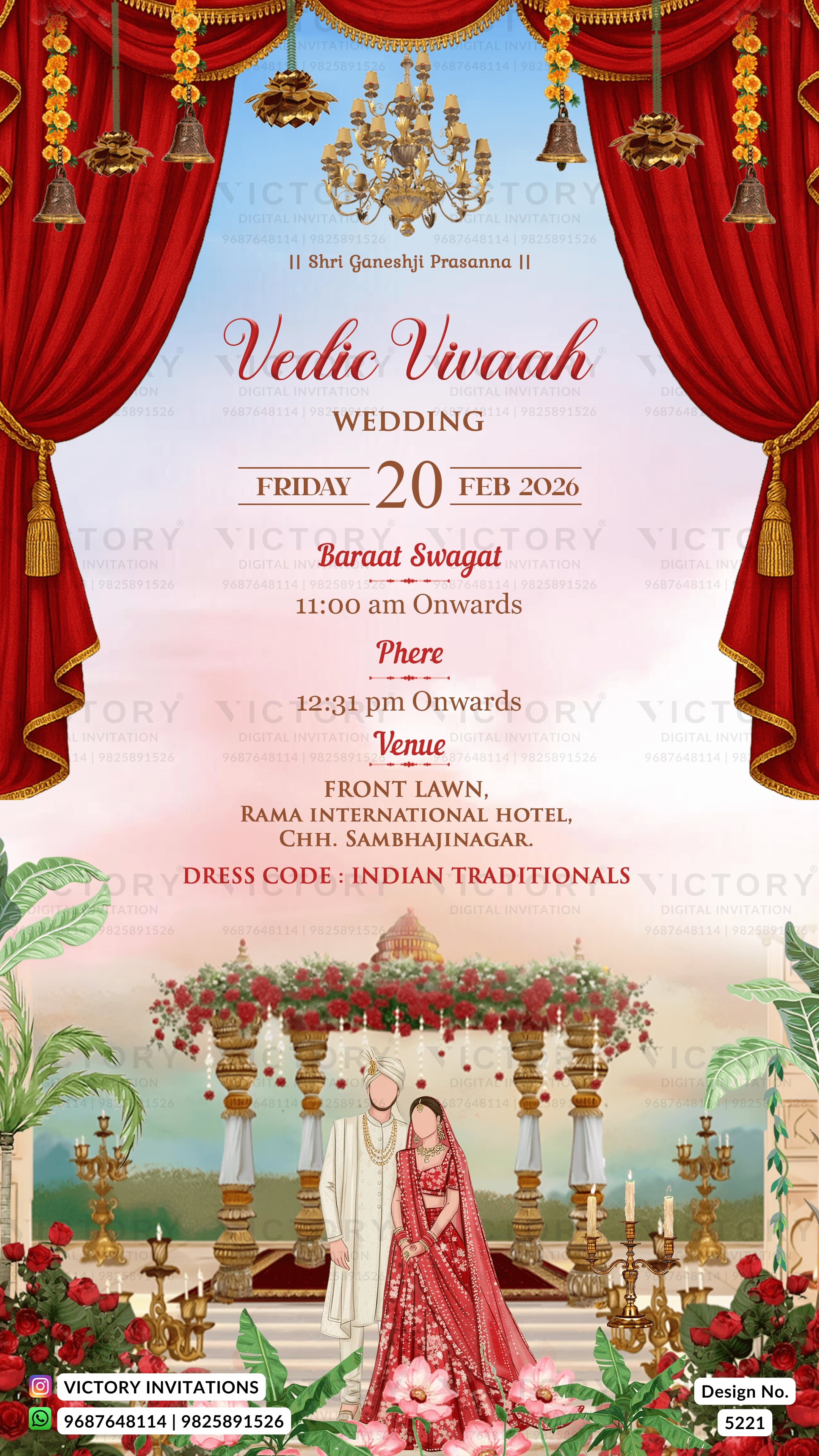 A festive Indian traditional wedding invitation card for a 'Vedic Vivaaah' wedding, featuring red curtains, golden chandeliers, and an illustration of a bride and groom under a floral arch.