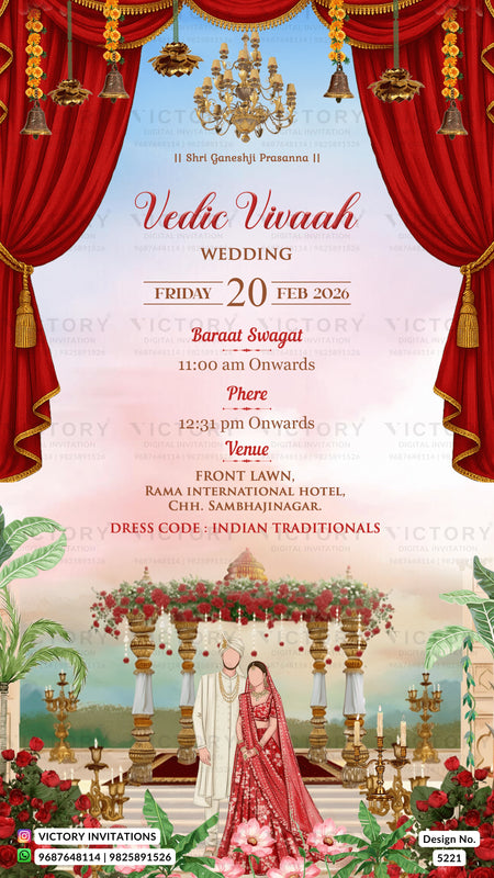 A festive Indian traditional wedding invitation card for a 'Vedic Vivaaah' wedding, featuring red curtains, golden chandeliers, and an illustration of a bride and groom under a floral arch.