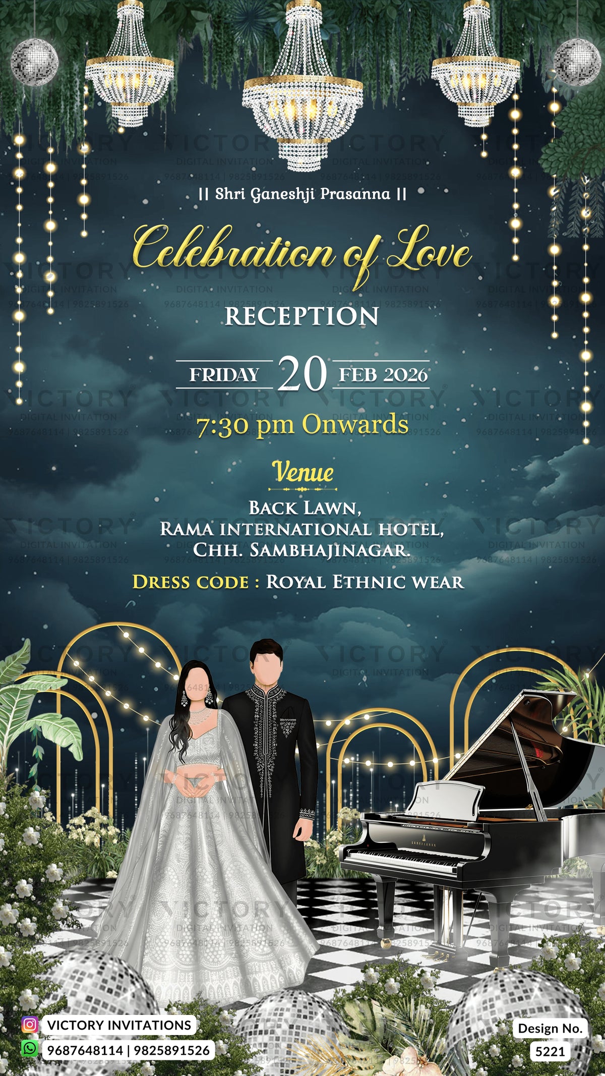 A festive wedding reception invitation card featuring a dark teal night sky background with hanging chandeliers, gold text reading 'Celebration of Love,' venue details for Rama International Hotel, and an illustrated bride and groom standing in front of golden arches and a grand piano.