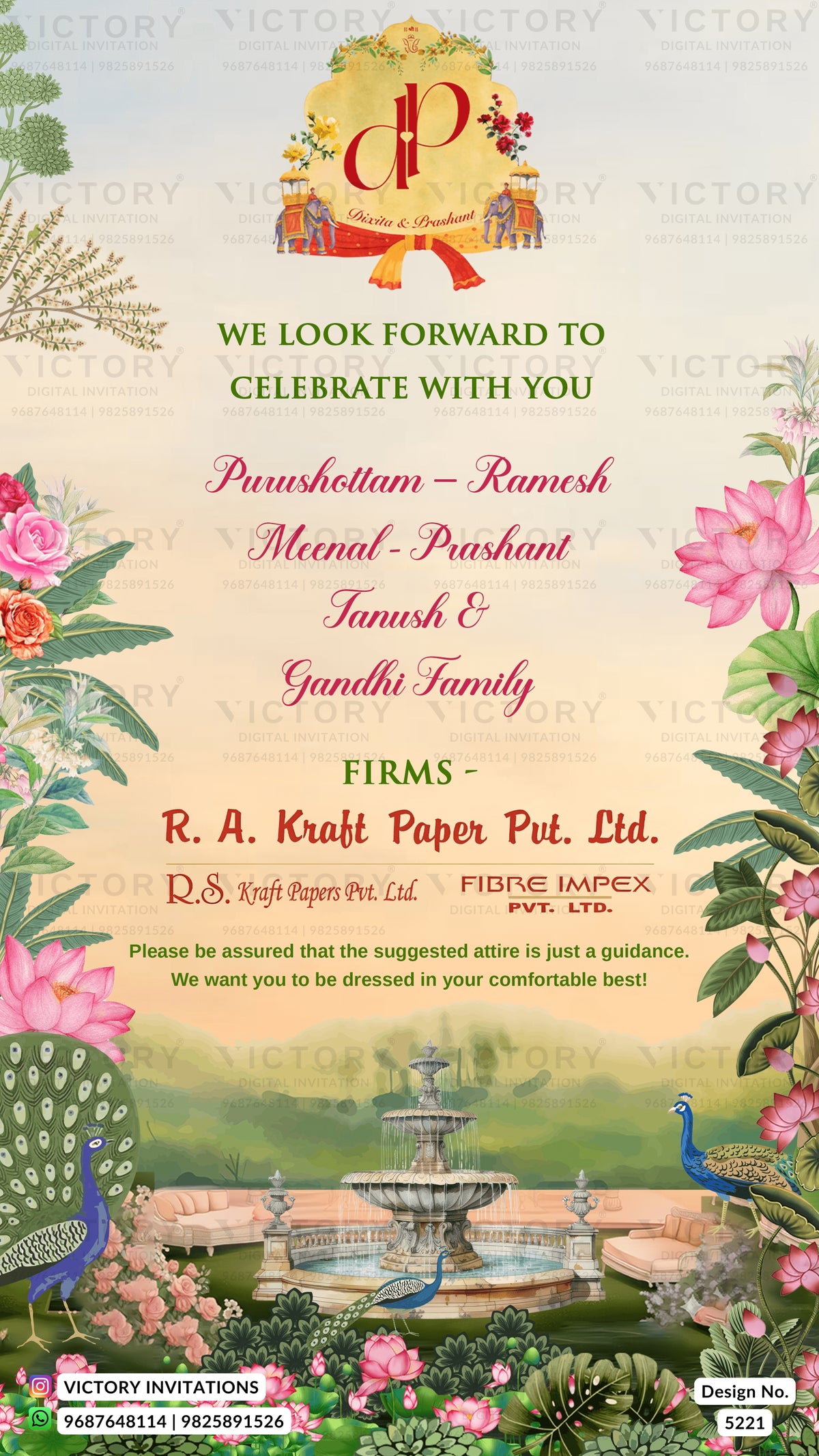 A festive Indian wedding invitation card featuring a colorful garden illustration with peacocks, pink flowers, and a central fountain. The text reads 'We look forward to celebrating with you' followed by names and wedding details, with 'R.