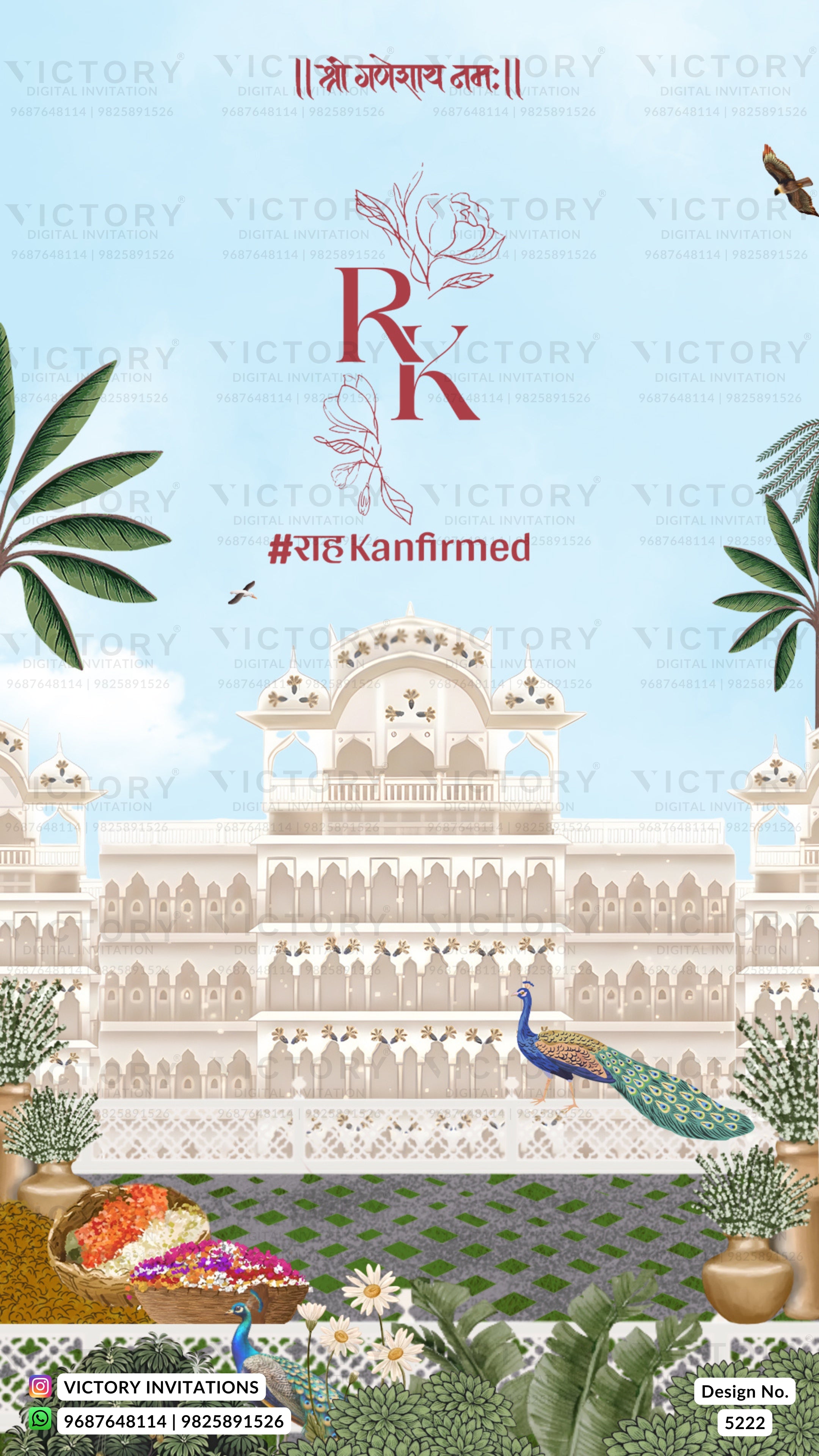 A festive wedding invitation card design featuring a large cream-colored palace illustration, a blue peacock, green palm leaves, and floral arrangements under a light blue sky. The text includes 'R K' with floral detailing, '#rahKanirmed', and 'VICTORY INVITATIONS' watermarks.