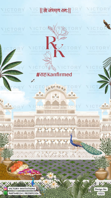 A festive wedding invitation card design featuring a large cream-colored palace illustration, a blue peacock, green palm leaves, and floral arrangements under a light blue sky. The text includes 'R K' with floral detailing, '#rahKanirmed', and 'VICTORY INVITATIONS' watermarks.