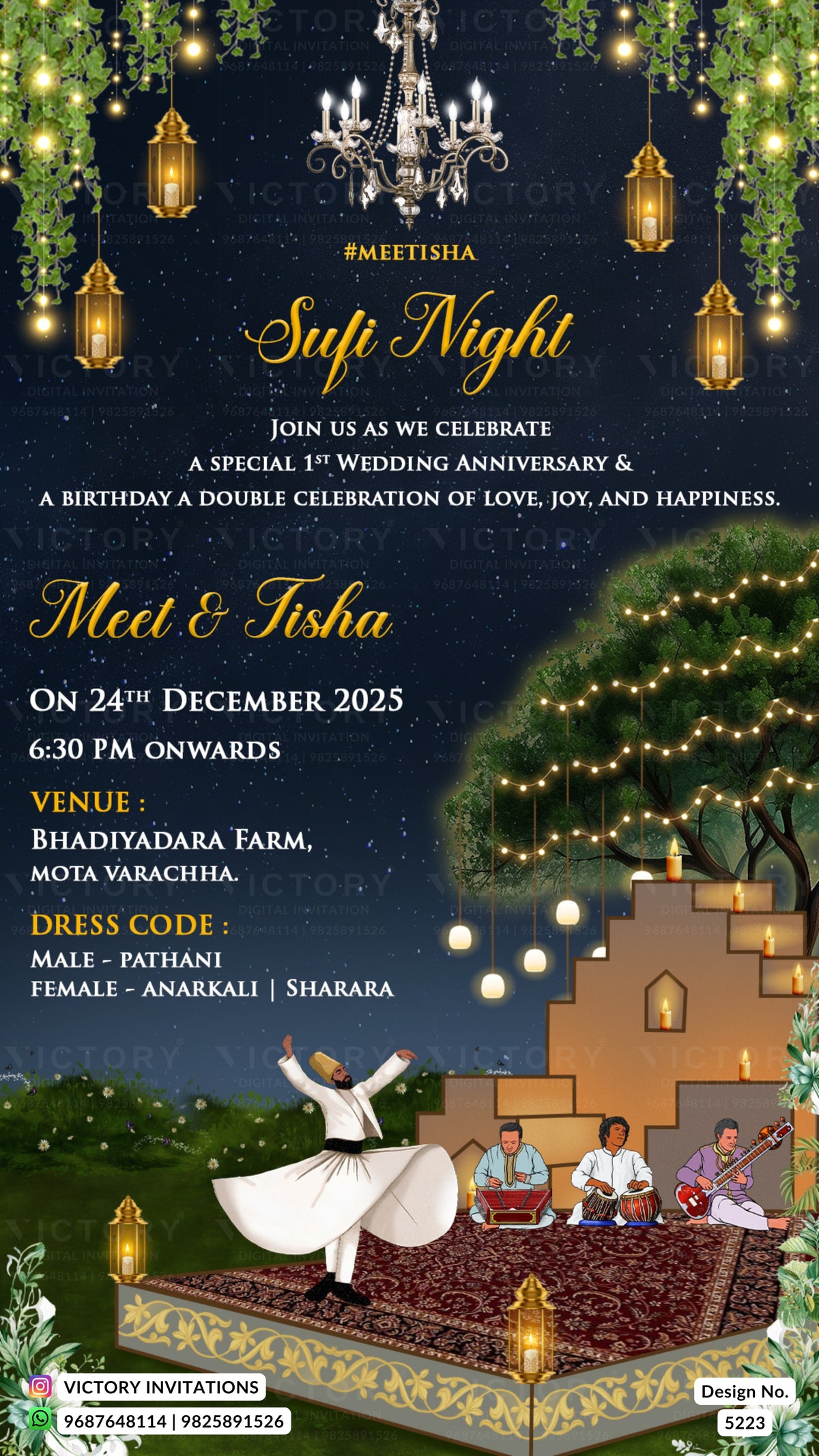 A digital Sufi Night wedding invitation card featuring a dark navy blue starry sky background, hanging lanterns, a chandelier, and a traditional whirling dervish scene at the bottom with musicians and a staircase.