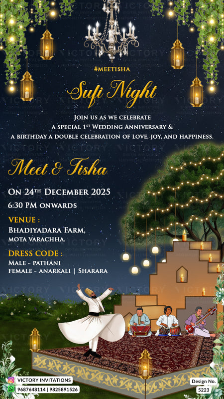 A digital Sufi Night wedding invitation card featuring a dark navy blue starry sky background, hanging lanterns, a chandelier, and a traditional whirling dervish scene at the bottom with musicians and a staircase.