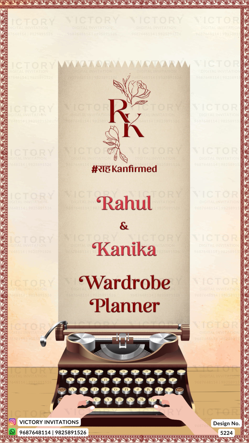 Wardrobe planner invitation card in english language with couple doodle, couple logo, Vintage theme design 5224
