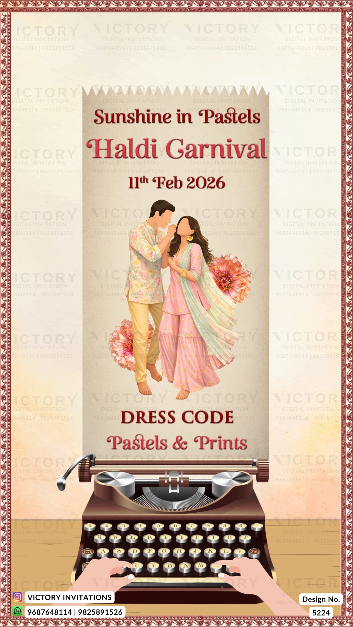 Invitation card for Haldi Carnival with a couple and typewriter design, featuring the text 'Sunshine in Pastels Haldi Carnival 11th Feb 2026'.
