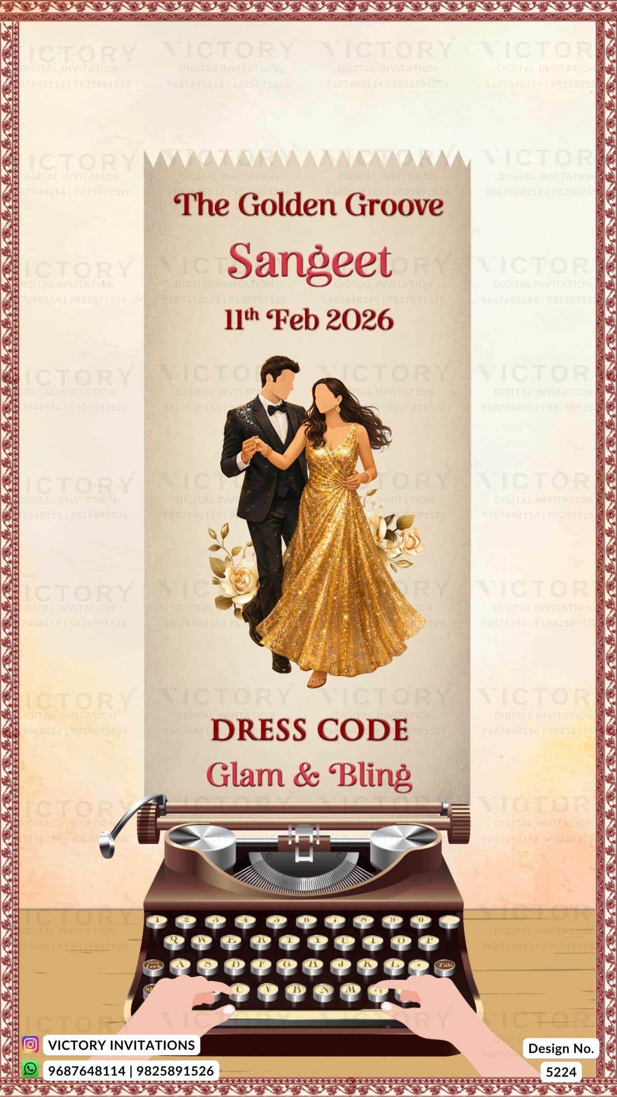 Promotional poster for 'The Golden Groove Sangeet' event with a couple and vintage typewriter.