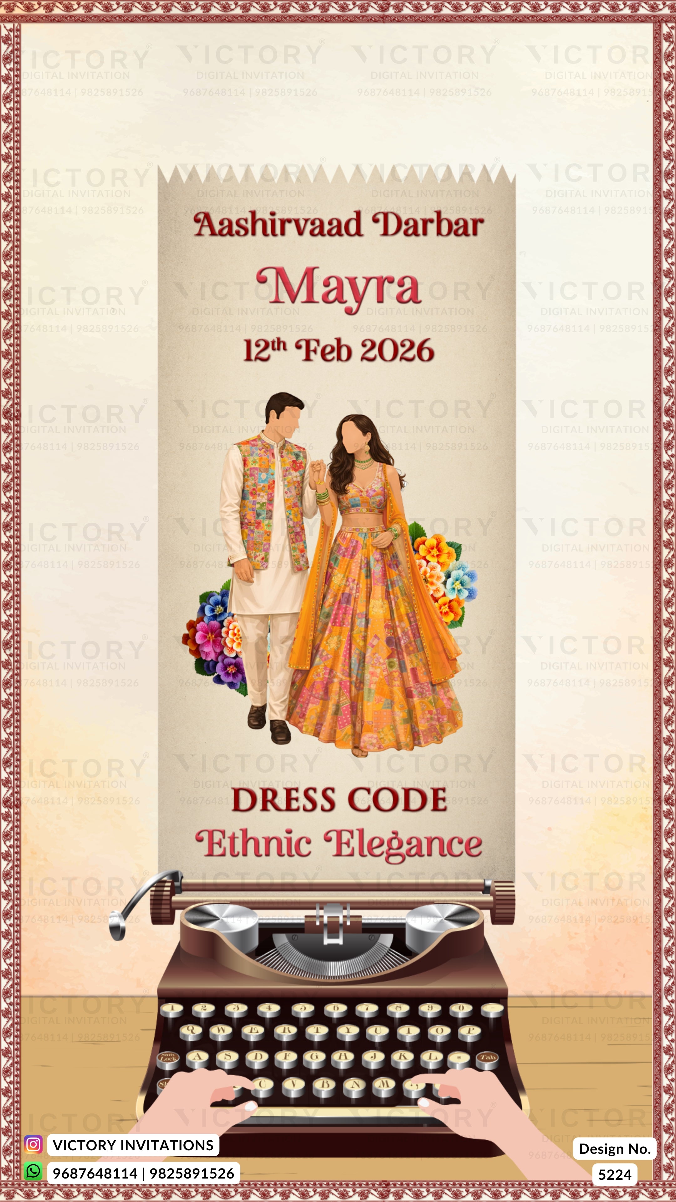 Wedding invitation card with traditional design, couple, and vintage typewriter.