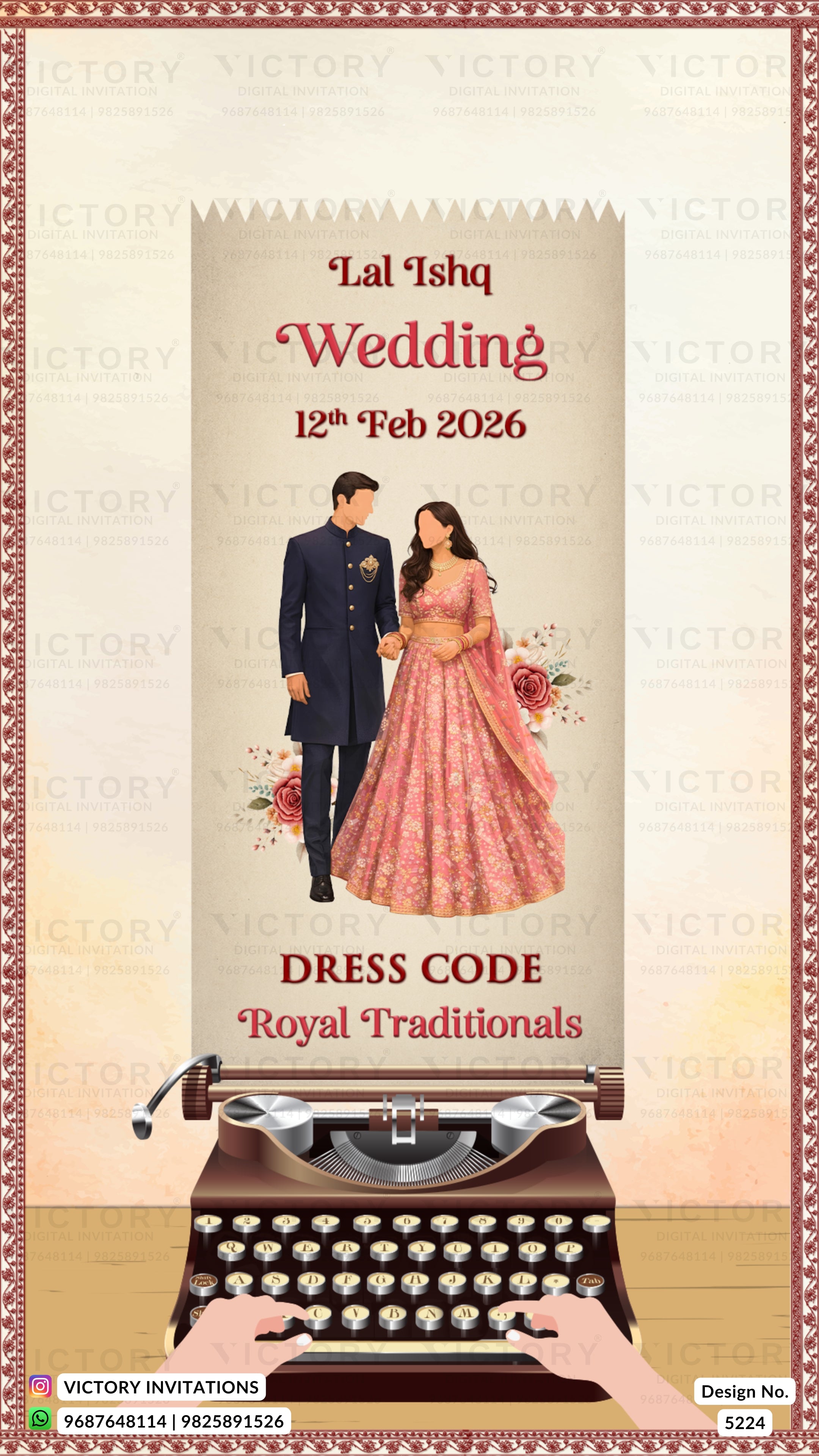 Wedding invitation card with a couple in traditional attire and a vintage typewriter.