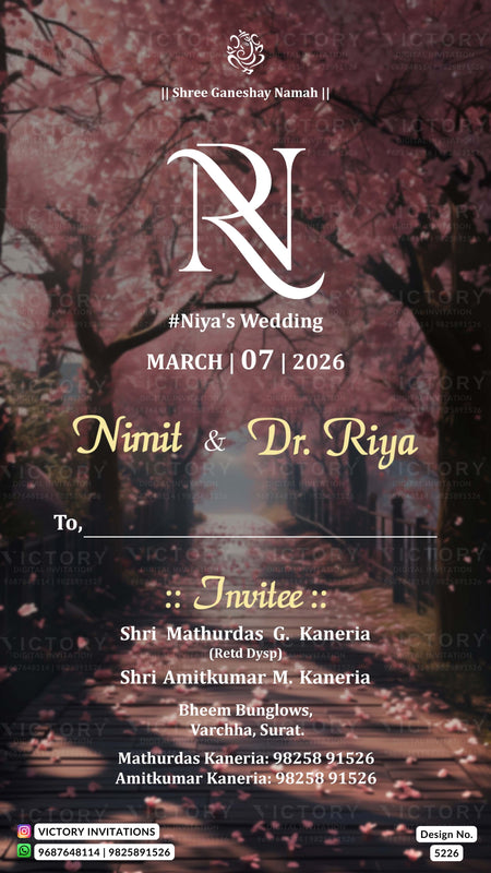 Wedding invitation card design with a romantic background of a pathway under blooming pink trees. The card features a large stylized 'NR' monogram, the text '#Niya's Wedding', the date 'MARCH | 07 | 2026', names 'Nimit & Dr.