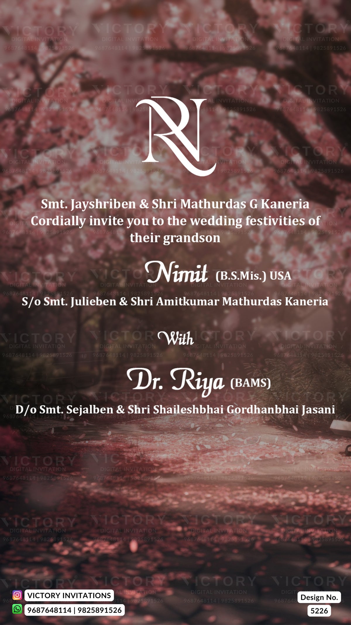 Wedding invitation card featuring a sepia-toned background of cherry blossoms and fallen leaves, with elegant white text and a large stylized 'NR' monogram at the top. The card includes names of wedding guests and hosts, with 'Nimit' and 'Dr.