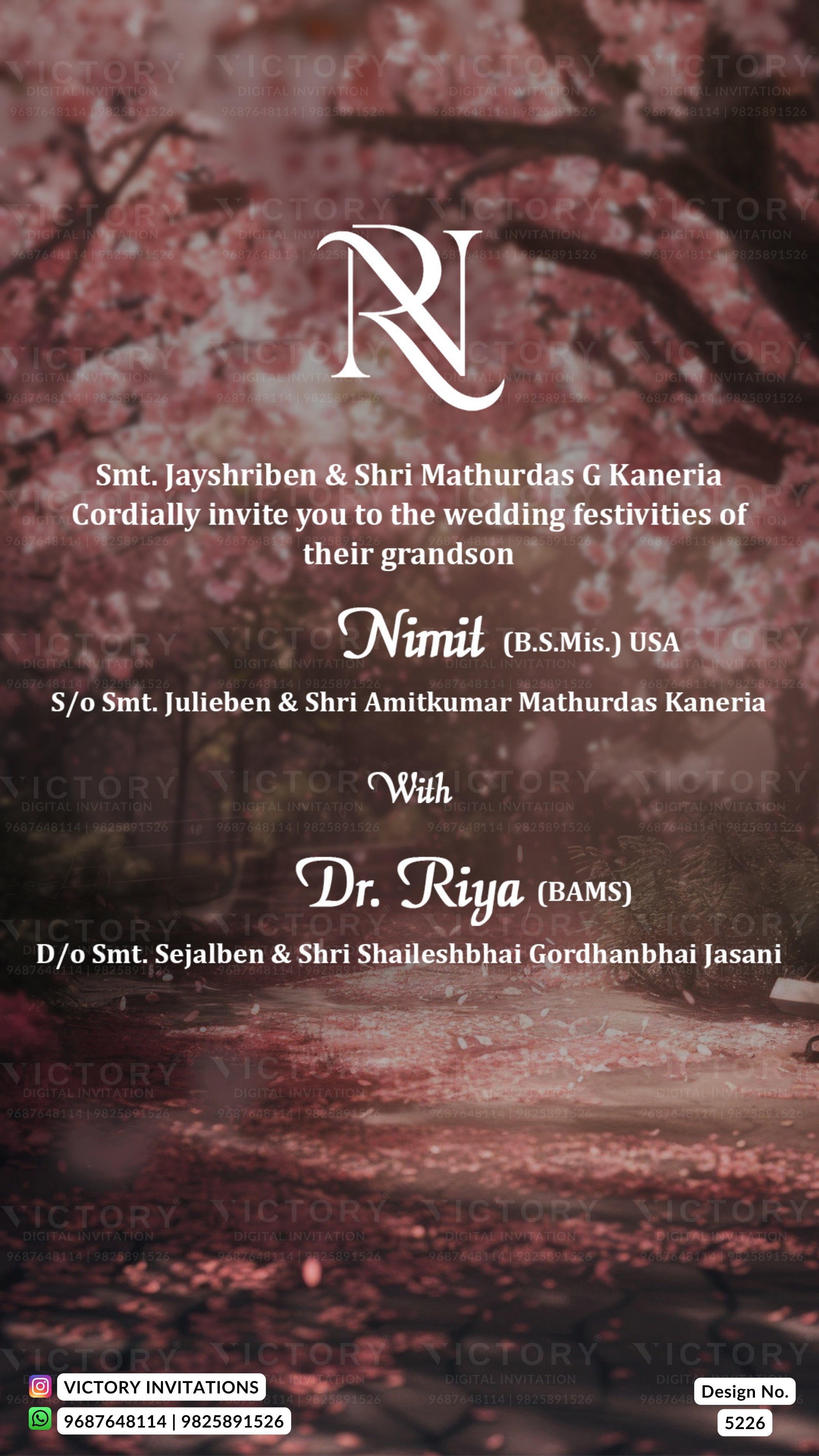 Wedding invitation card featuring a sepia-toned background of cherry blossoms and fallen leaves, with elegant white text and a large stylized 'NR' monogram at the top. The card includes names of wedding guests and hosts, with 'Nimit' and 'Dr.