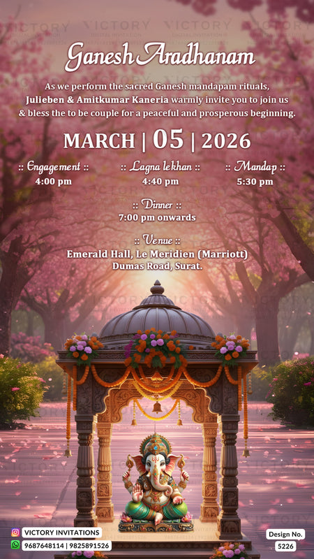 A digital invitation card for Ganesh Adharanam (Hindu wedding ceremony) on March 05, 2026, featuring a central illustration of Lord Ganesha seated under a decorated pavilion with pink cherry blossom trees in the background.