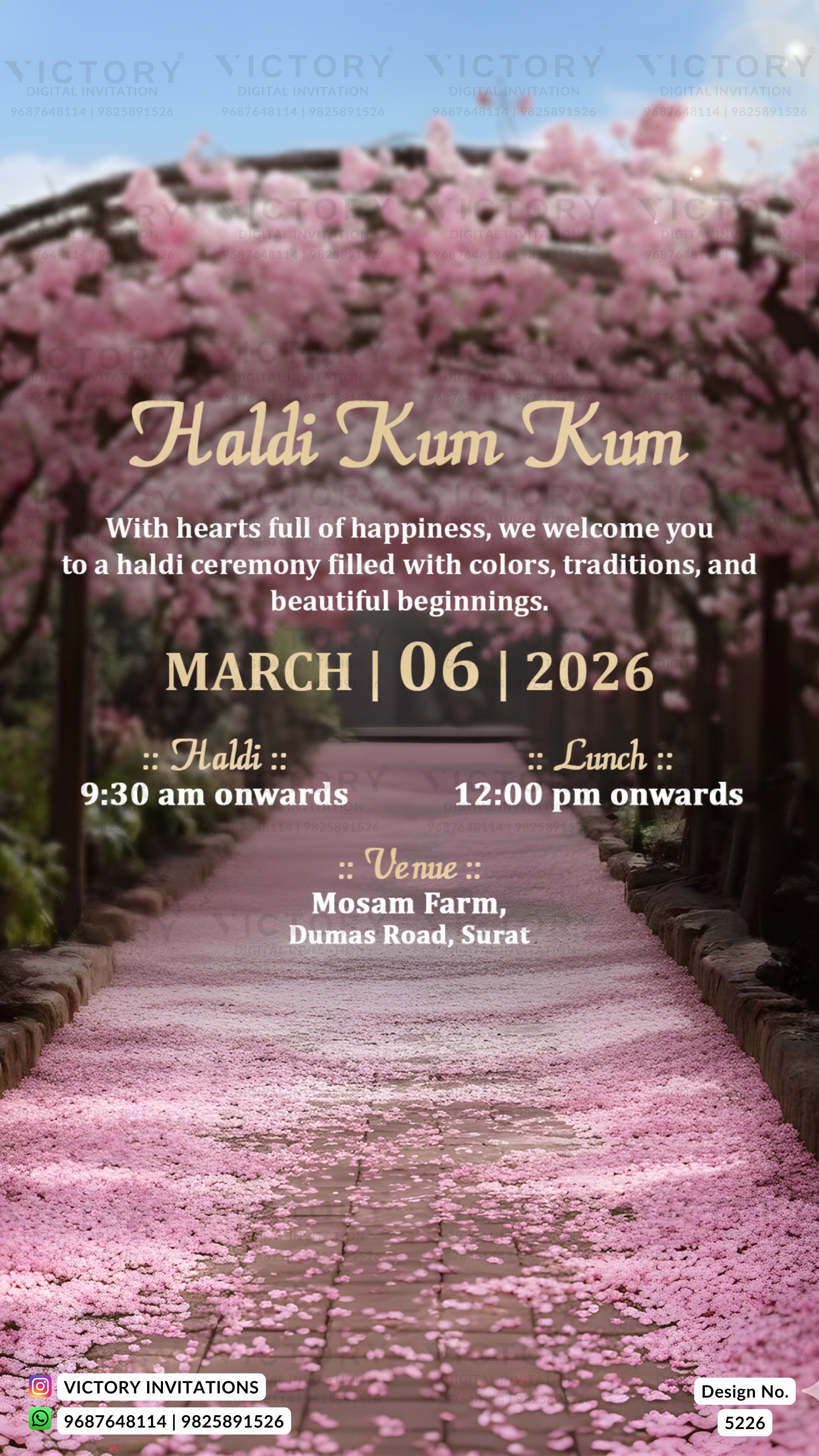A digital invitation card for a Haldi Kum Kum ceremony, featuring a background photo of a pathway covered in pink cherry blossoms. The text details the event date as March 06, 2026, with timings and venue information at Mosam Farm, Dumas Road, Surat.