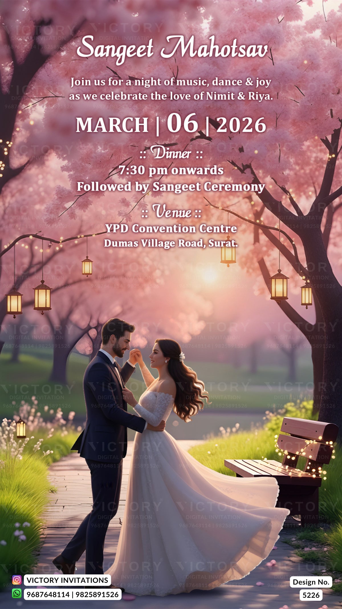 A wedding invitation card featuring a romantic scene of a couple under blooming pink trees, with event details written in white text above them. The invitation includes a 'Victory Invitations' logo at the bottom.