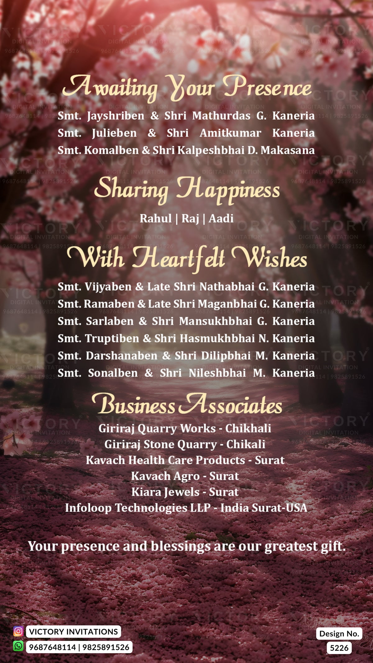 A digital invitation card design with a dark reddish-brown forest background and gold text sections reading 'Awaiting Your Presence,' 'Sharing Happiness,' 'With Heartfelt Wishes,' and 'Business Associates,' plus a bottom message and small Victory Invitations branding.