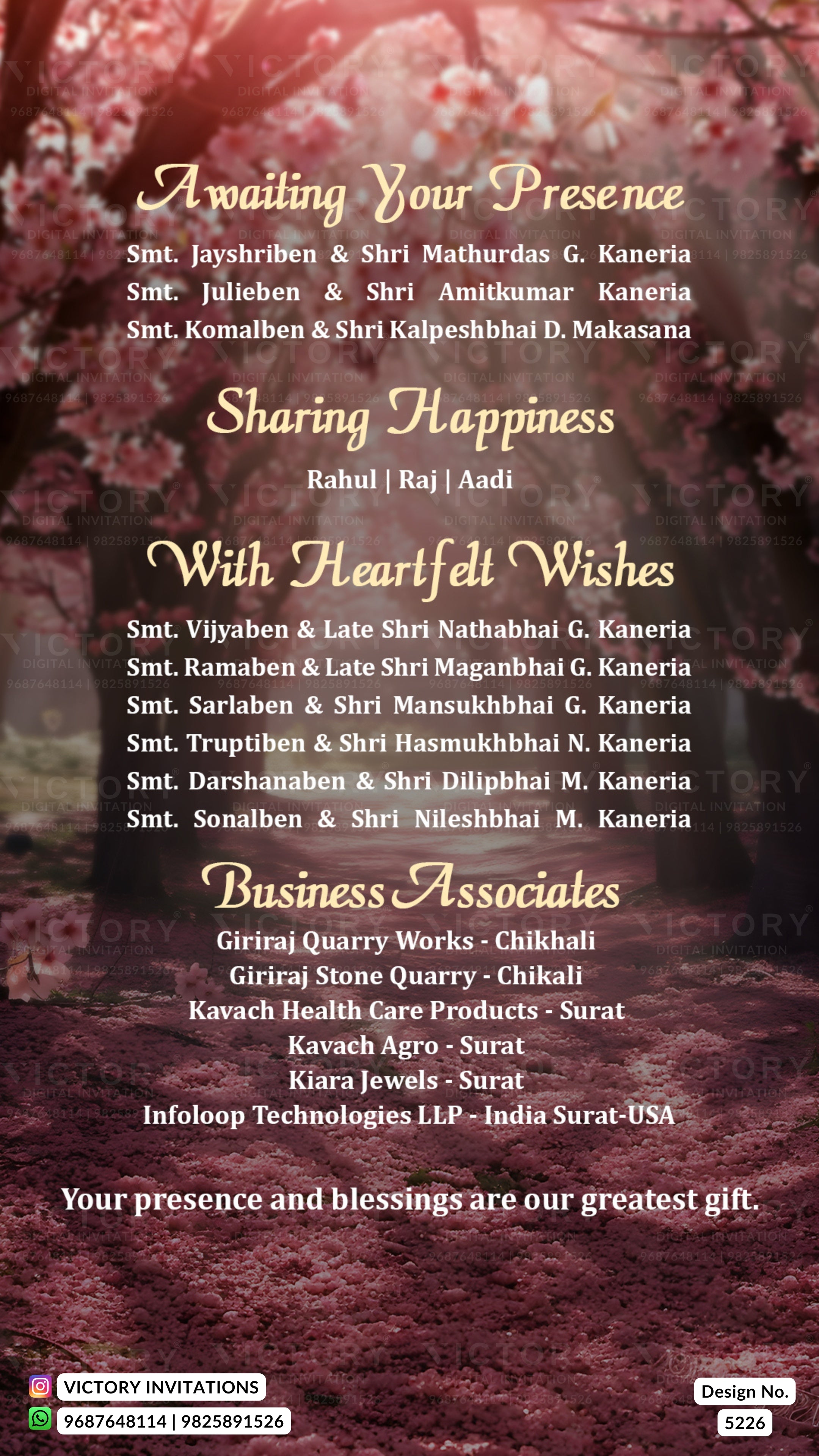 A digital invitation card design with a dark reddish-brown forest background and gold text sections reading 'Awaiting Your Presence,' 'Sharing Happiness,' 'With Heartfelt Wishes,' and 'Business Associates,' plus a bottom message and small Victory Invitations branding.