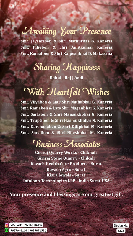 A digital invitation card design with a dark reddish-brown forest background and gold text sections reading 'Awaiting Your Presence,' 'Sharing Happiness,' 'With Heartfelt Wishes,' and 'Business Associates,' plus a bottom message and small Victory Invitations branding.