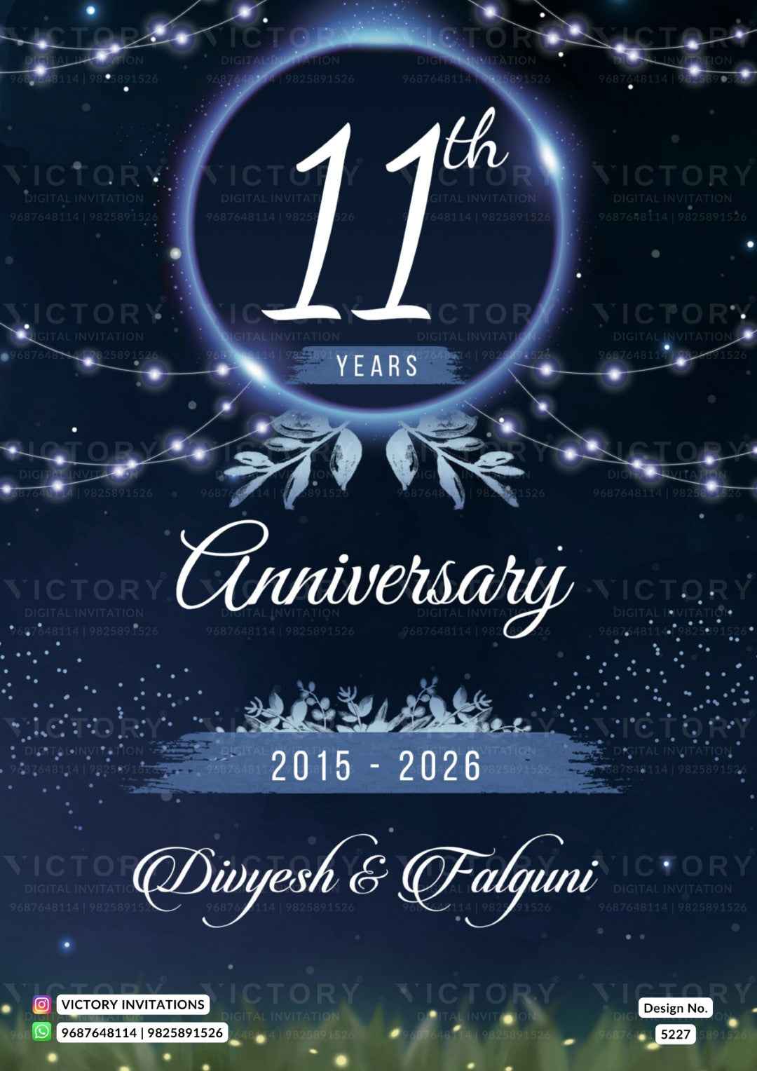 Custom 11th wedding anniversary invitation card featuring a dark navy blue starry night sky background with glowing fairy lights, a glowing circular frame containing the number '11' and 'YEARS', and elegant white script text reading '11th Anniversary 2015 - 2026' and the names 'Divyesh & Falpuni'.