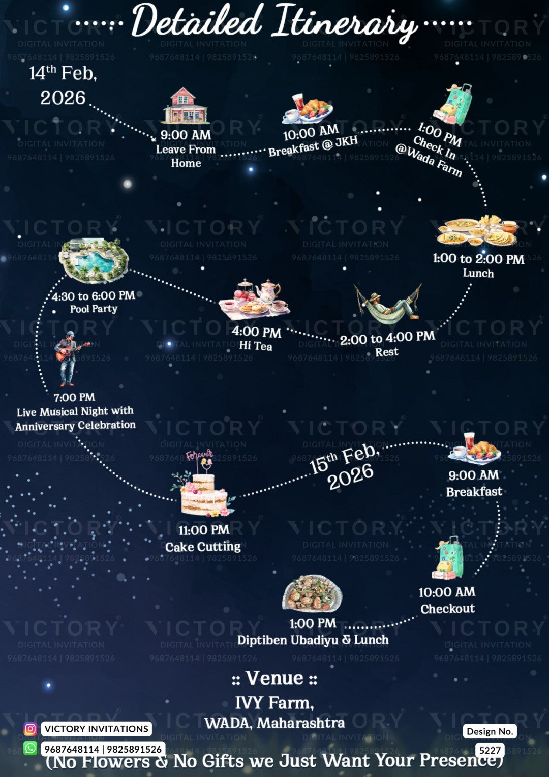 A detailed event itinerary poster for a Valentine's Day wedding reception at IVY Farm, WADA, Maharshtra. The dark blue starry night background features a timeline of events from 14th to 15th February 2026, illustrated with small icons and text.