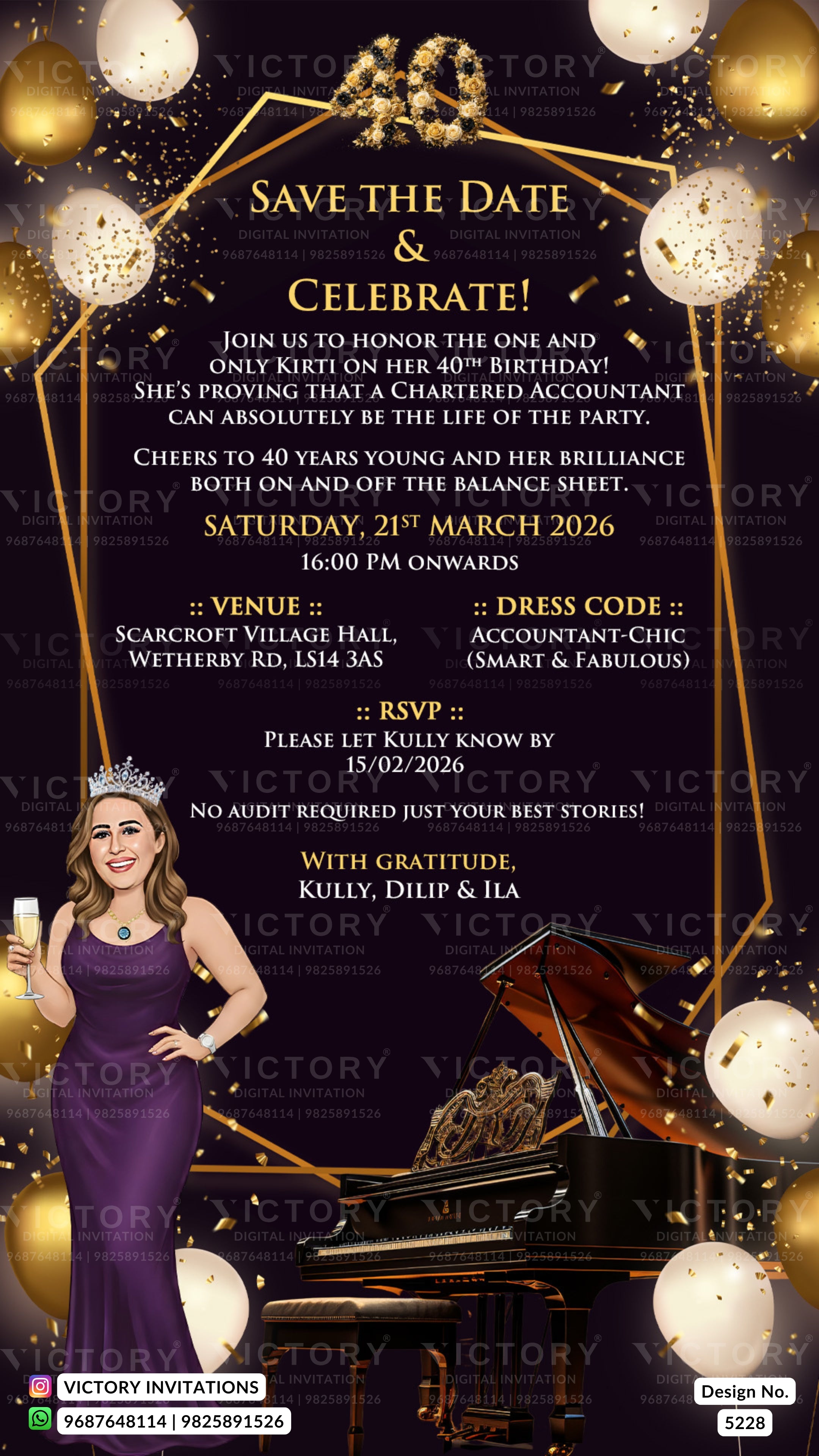 A festive 'Save the Date' invitation card design for a 40th birthday celebration. The design features a dark background with gold geometric lines, gold and white balloons, and a woman in a purple dress standing next to a grand piano.