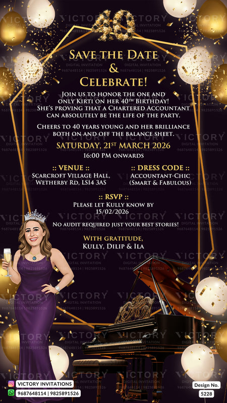 A festive 'Save the Date' invitation card design for a 40th birthday celebration. The design features a dark background with gold geometric lines, gold and white balloons, and a woman in a purple dress standing next to a grand piano.