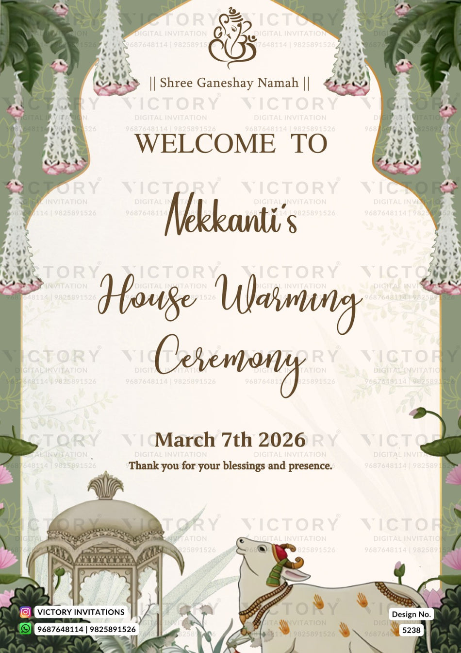 House Warming Welcome Standee design in english language with Kamadhenu Cow and Botanical theme design 5238
