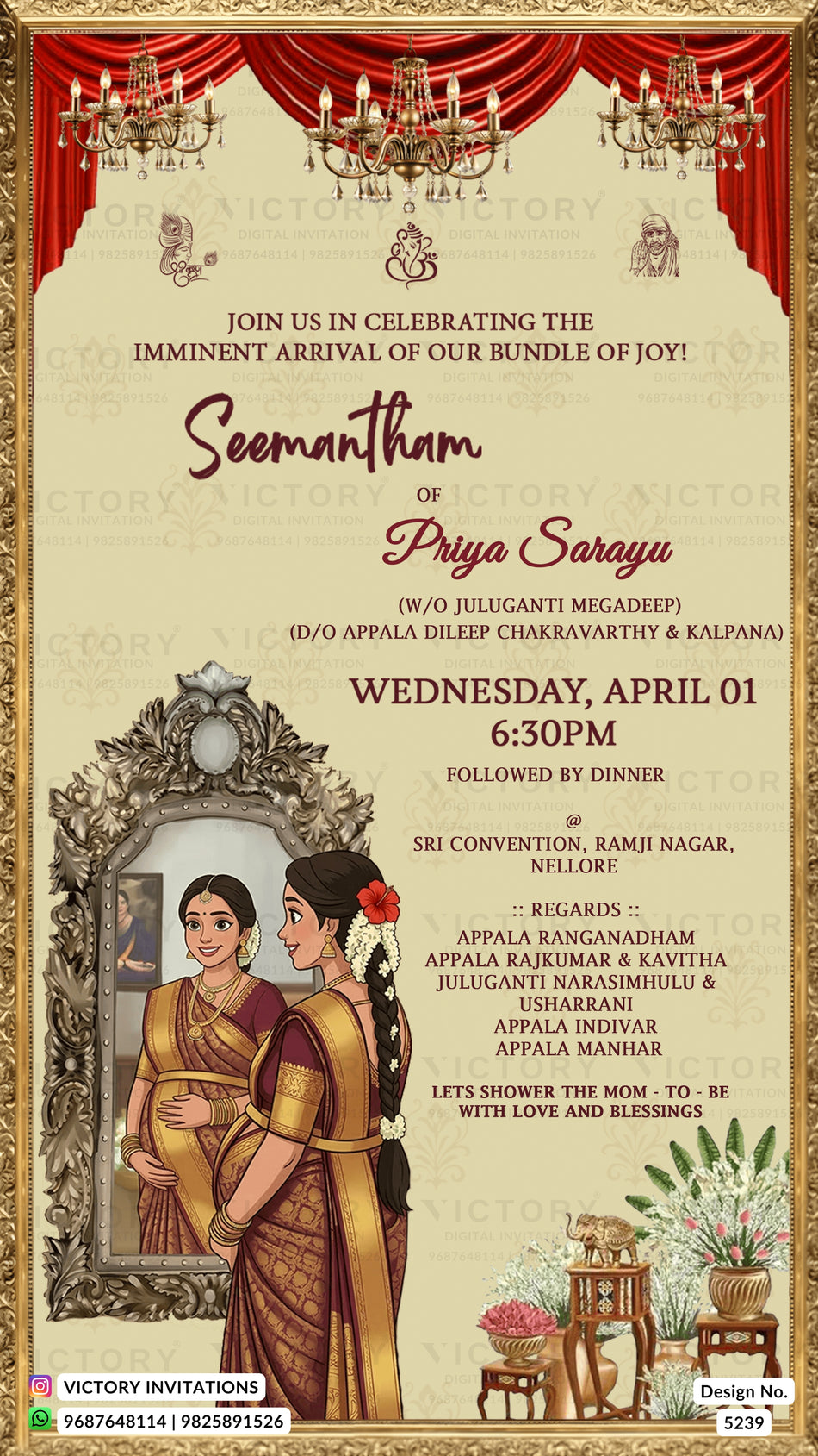 Baby Shower ceremony invitation card in english language with South Indian Royal Seemantham theme design 5239