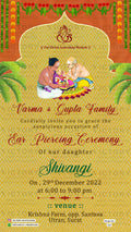 Ear Piercing ceremony invitation card in english language with banana leaves, garland as arch frame theme design 524