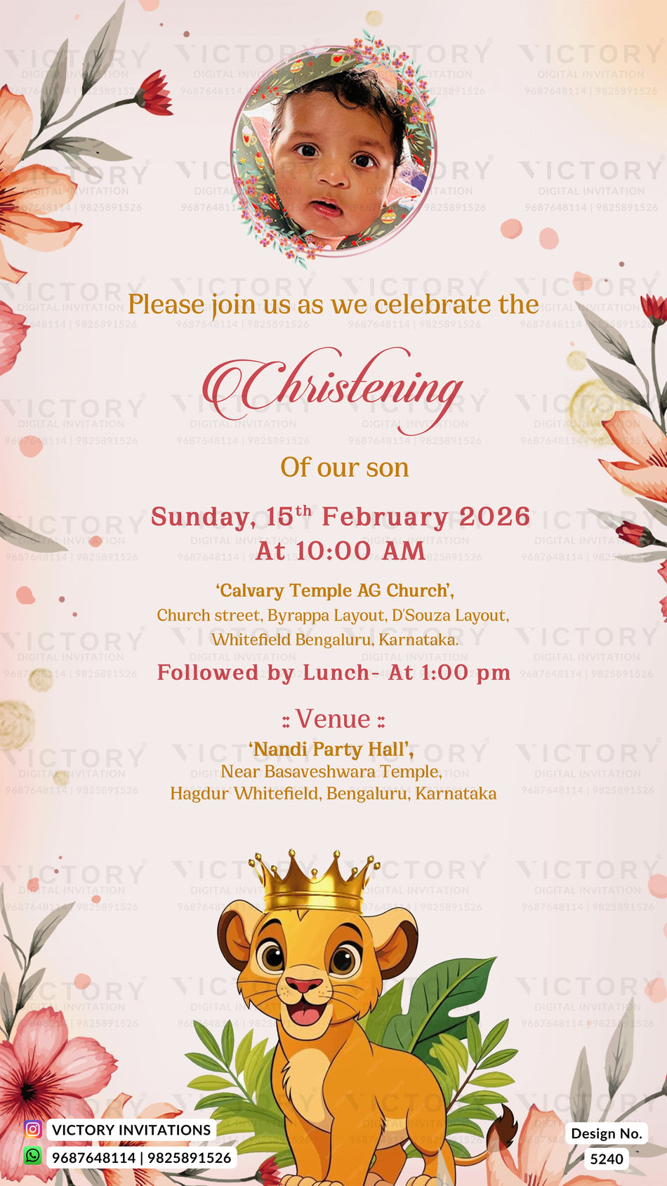 Baby Christening ceremony invitation card in english language with baby photo and Lion King theme design 5240