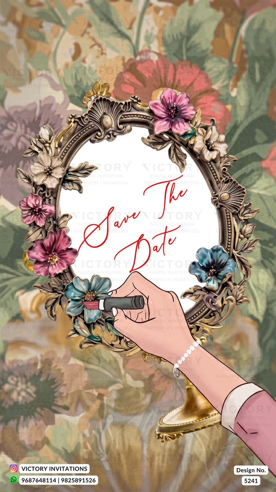 Save the Date card in english language with vanity mirror, Mughal arch, and peacock  theme design 5241