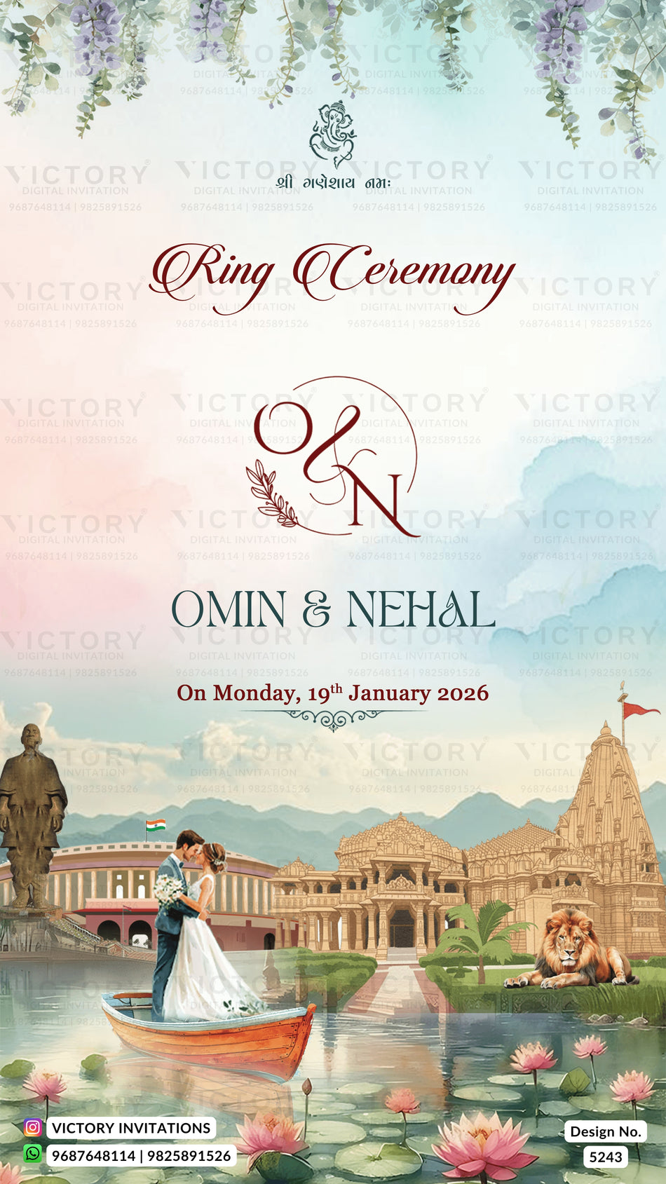 Chandla vidhi Engagement invitation card in gujarati language with Indian monument landscape theme design 5243