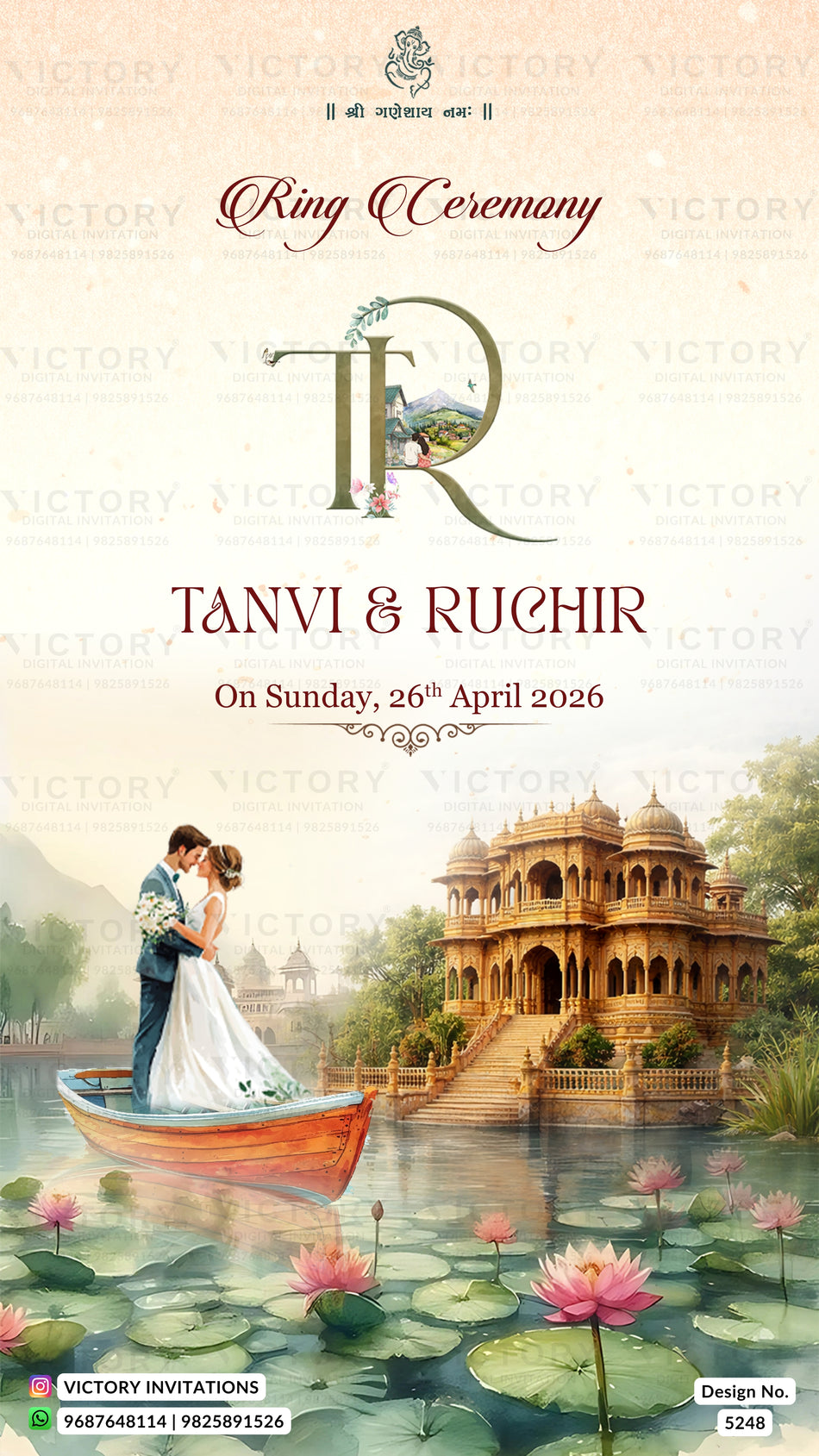 Chandla vidhi Engagement invitation card in gujarati language with Couple Boat Illustration and Radha Krishna theme design 5248