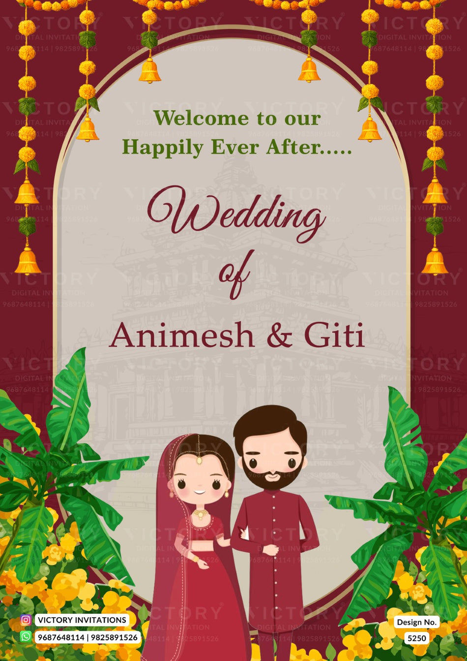 Reception Welcome Standee design in english language with Caricature Couple & Marigold Bells Theme theme design 5250
