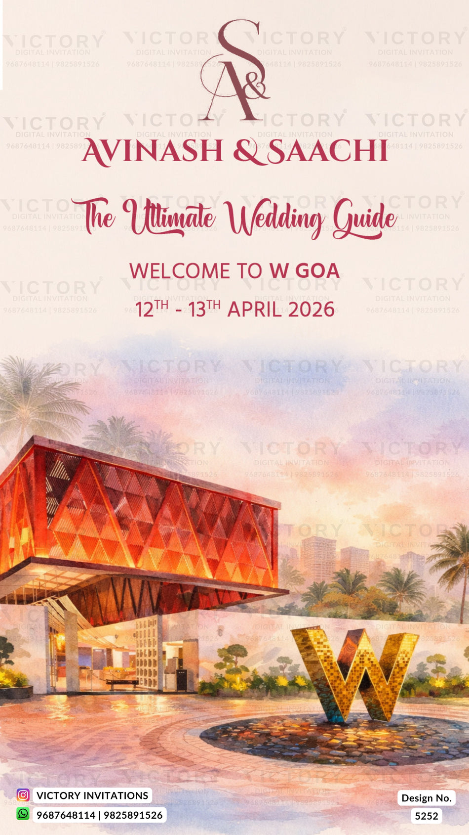 Wedding ceremony invitation card of hindu North Indian Sindhi family in english language with Multi-Event Wedding Itinerary theme design 5252