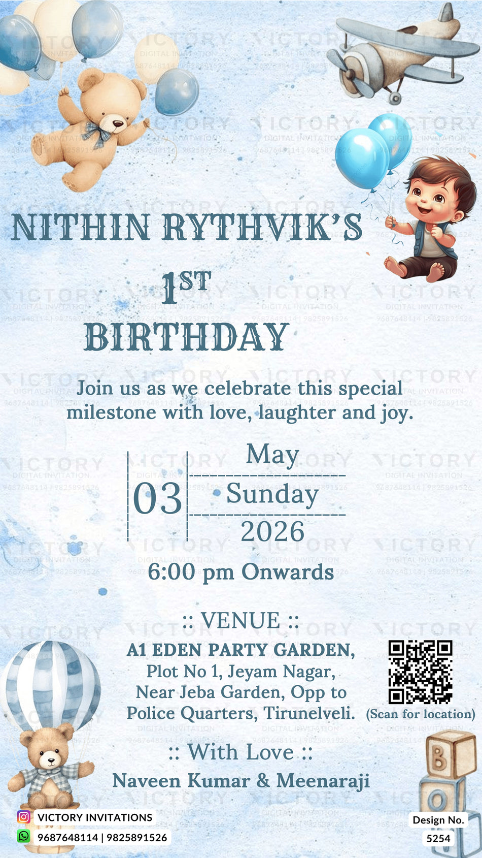 1st Birthday party invitation card for boy in english language with Teddy Bear & Sky Adventure  theme design 5254