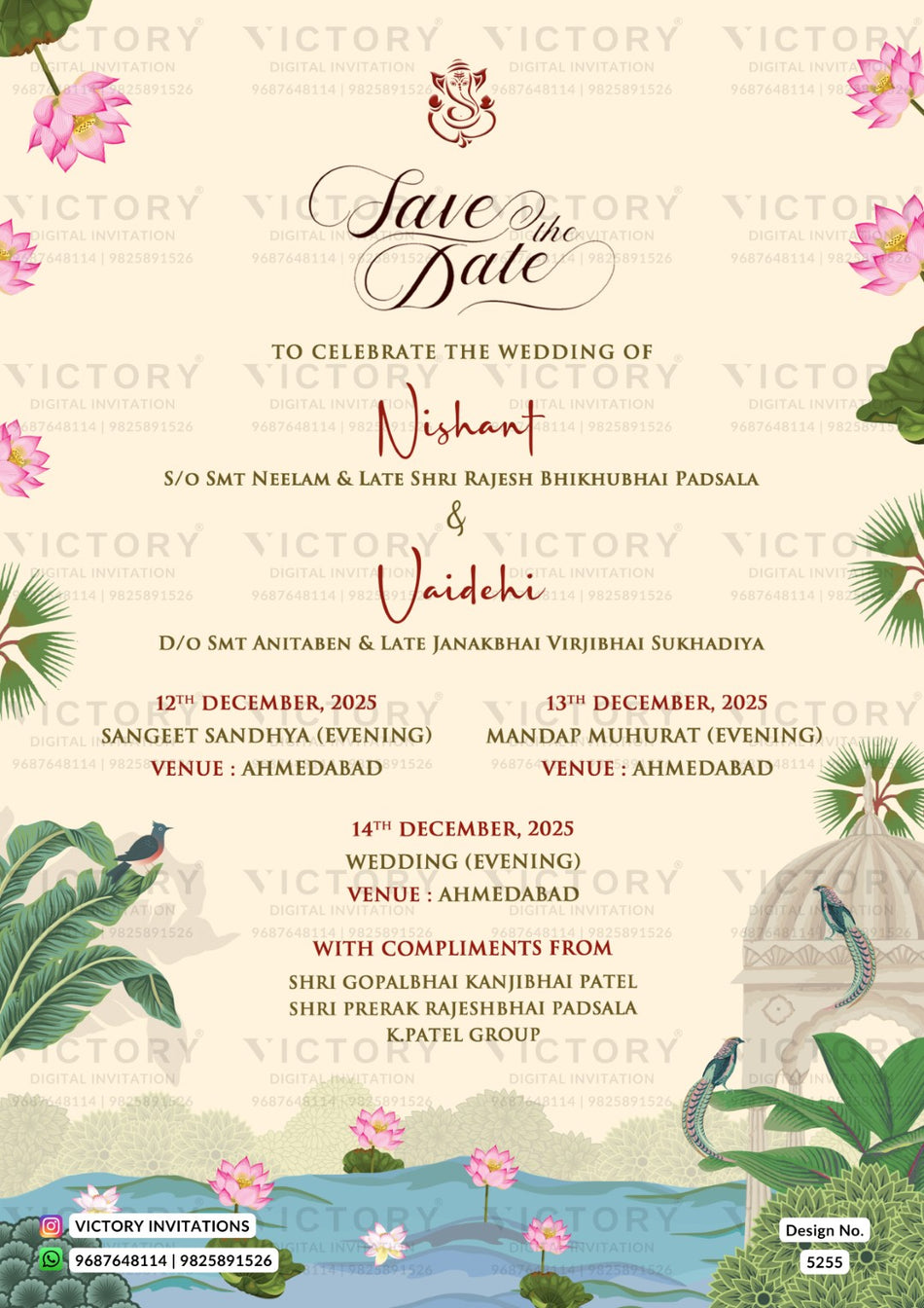 Save the Date card in english language with Lotus Pond & Royal Heritage theme design 5255