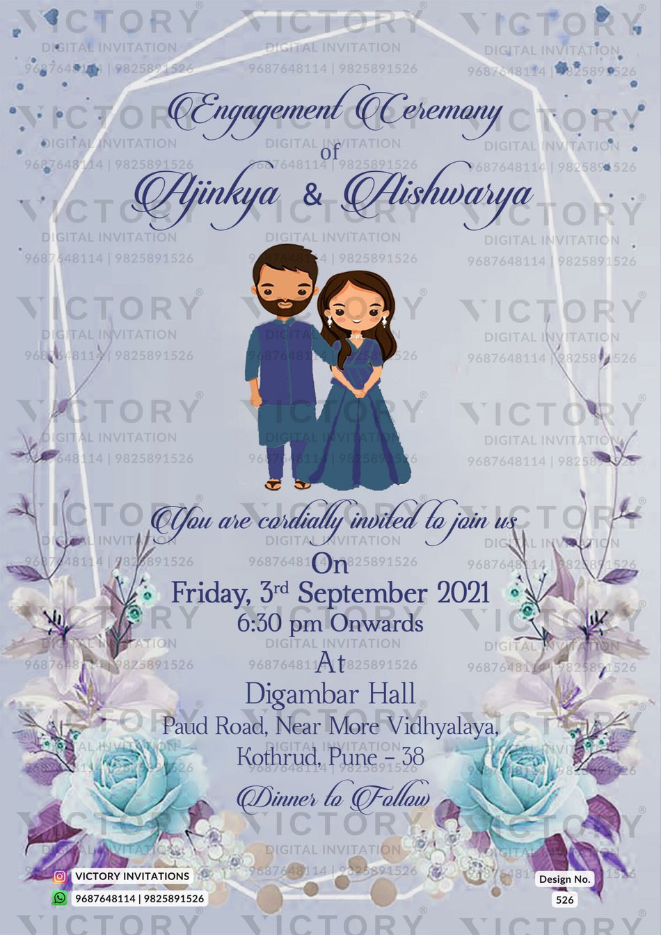 Engagement ceremony invitation card in english language with couple doodle, frame as floral theme design 526