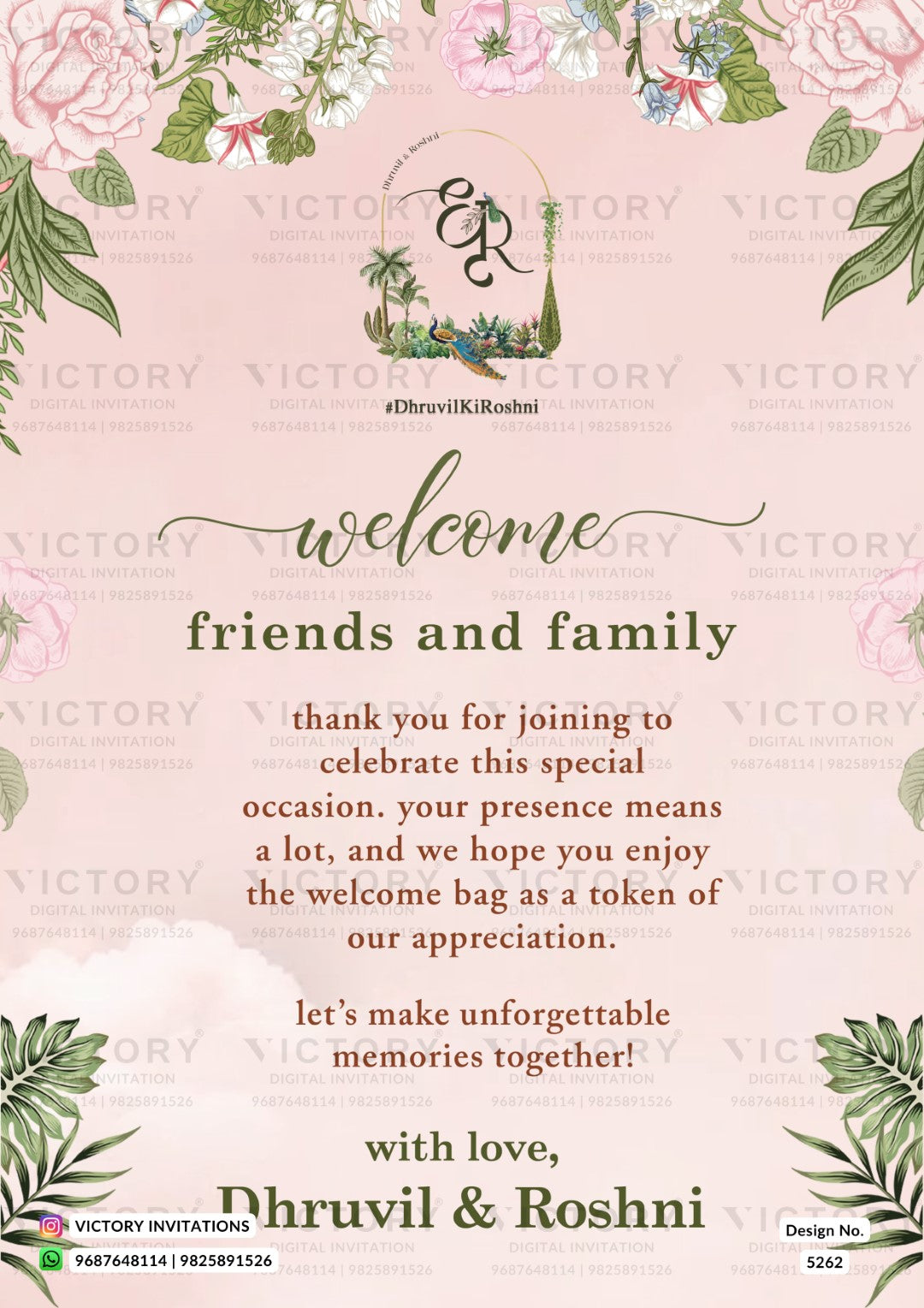 A floral welcome message card design for a wedding or event, with pink background, green leaves, and white flowers around the border. The center features a small hanging basket illustration with intertwined script initials, followed by a welcome message addressed to friends and family.