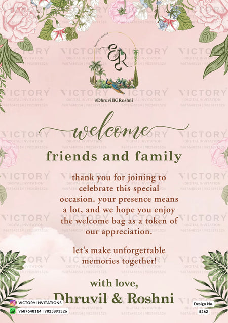 A floral welcome message card design for a wedding or event, with pink background, green leaves, and white flowers around the border. The center features a small hanging basket illustration with intertwined script initials, followed by a welcome message addressed to friends and family.