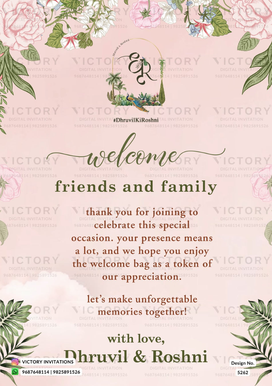 A floral welcome message card design for a wedding or event, with pink background, green leaves, and white flowers around the border. The center features a small hanging basket illustration with intertwined script initials, followed by a welcome message addressed to friends and family.