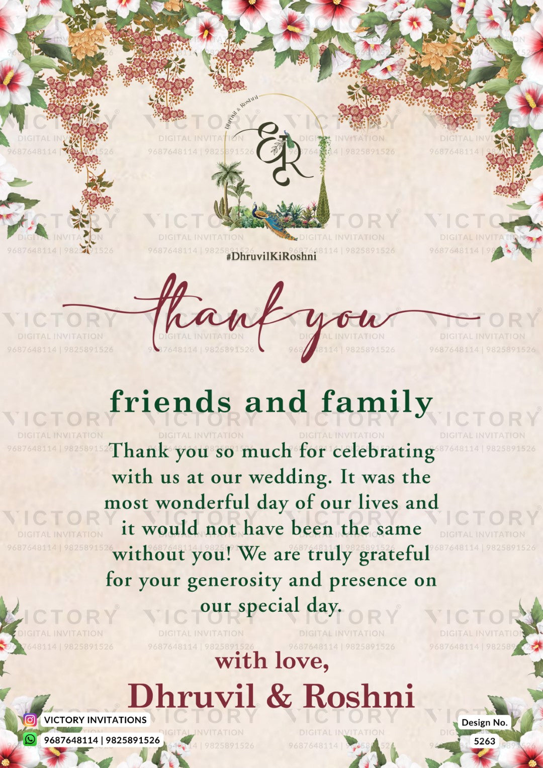 A wedding thank you card design with floral borders, a central monogram logo, and printed thank-you text on a light beige background with faint repeated watermark text.