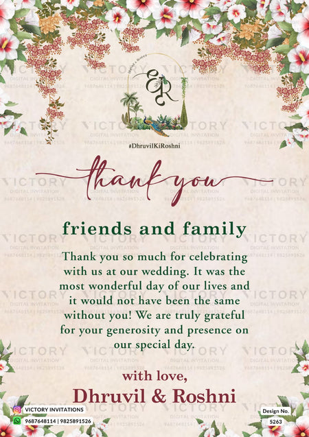 A wedding thank you card design with floral borders, a central monogram logo, and printed thank-you text on a light beige background with faint repeated watermark text.