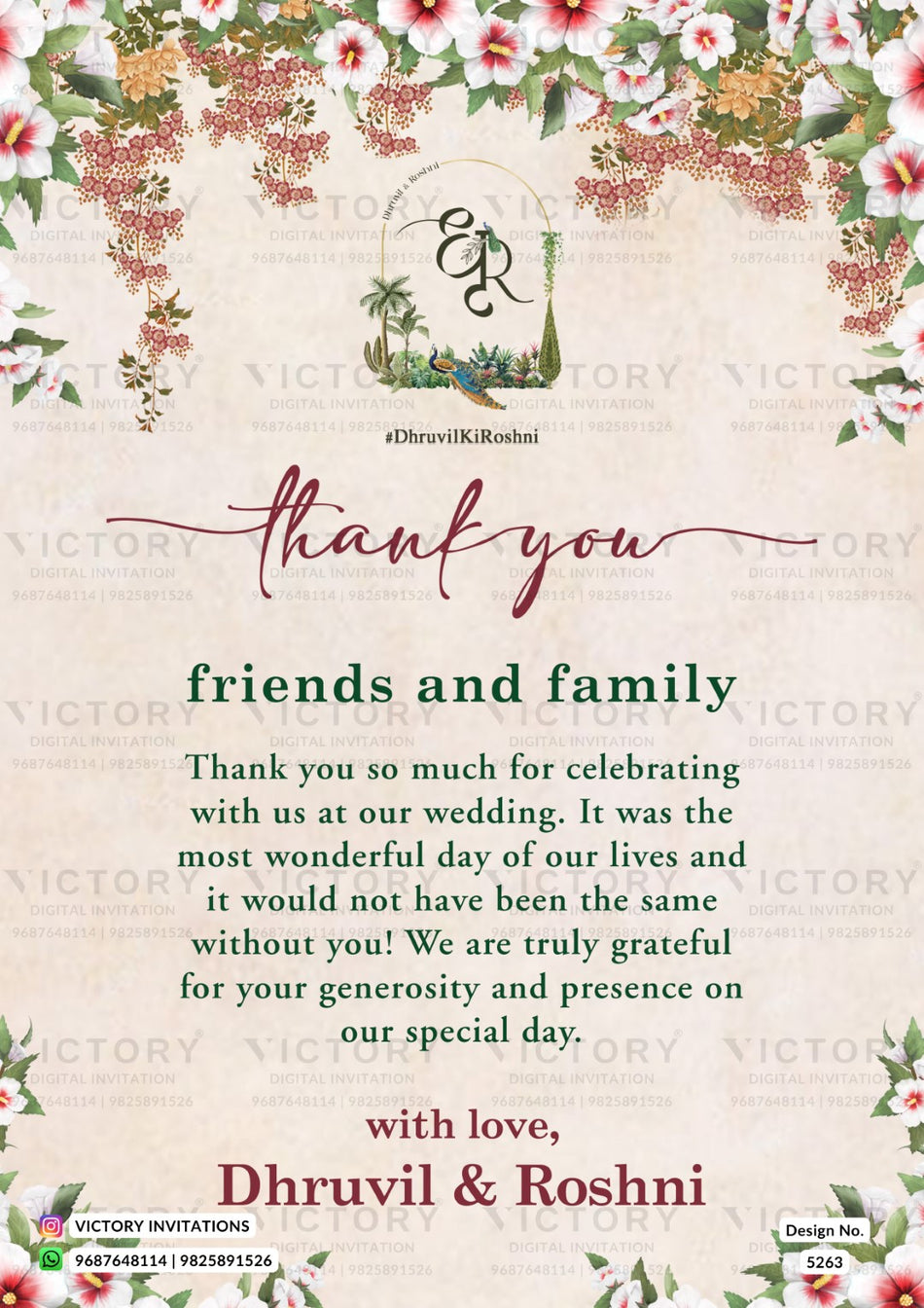 A wedding thank you card design with floral borders, a central monogram logo, and printed thank-you text on a light beige background with faint repeated watermark text.