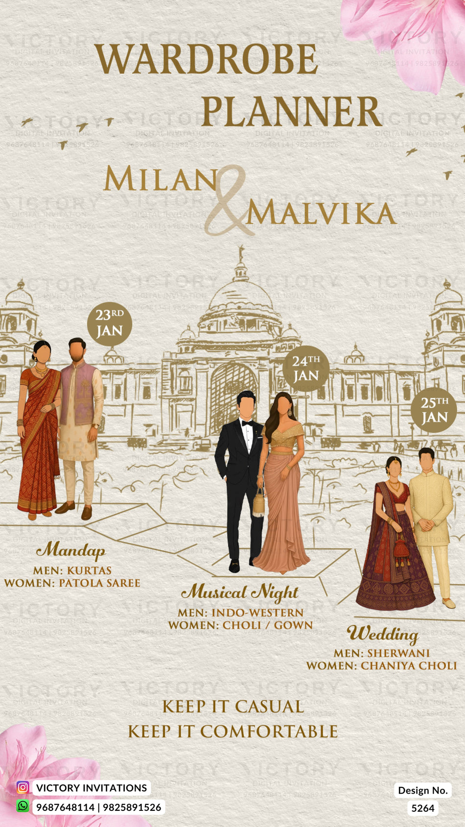 Wardrobe planner invitation card in english language with couple doodle, line art theme design 5264